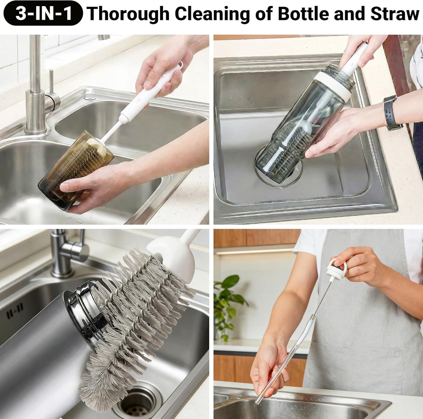 3-in-1 Water Bottle Brushes for Cleaning, 16" Extendable Long Handle Cup Cleaner Scrubber with Hidden Straw Brush for 40oz 55oz Tumblers, Wine Glass, Sports Mugs & Narrow Necks