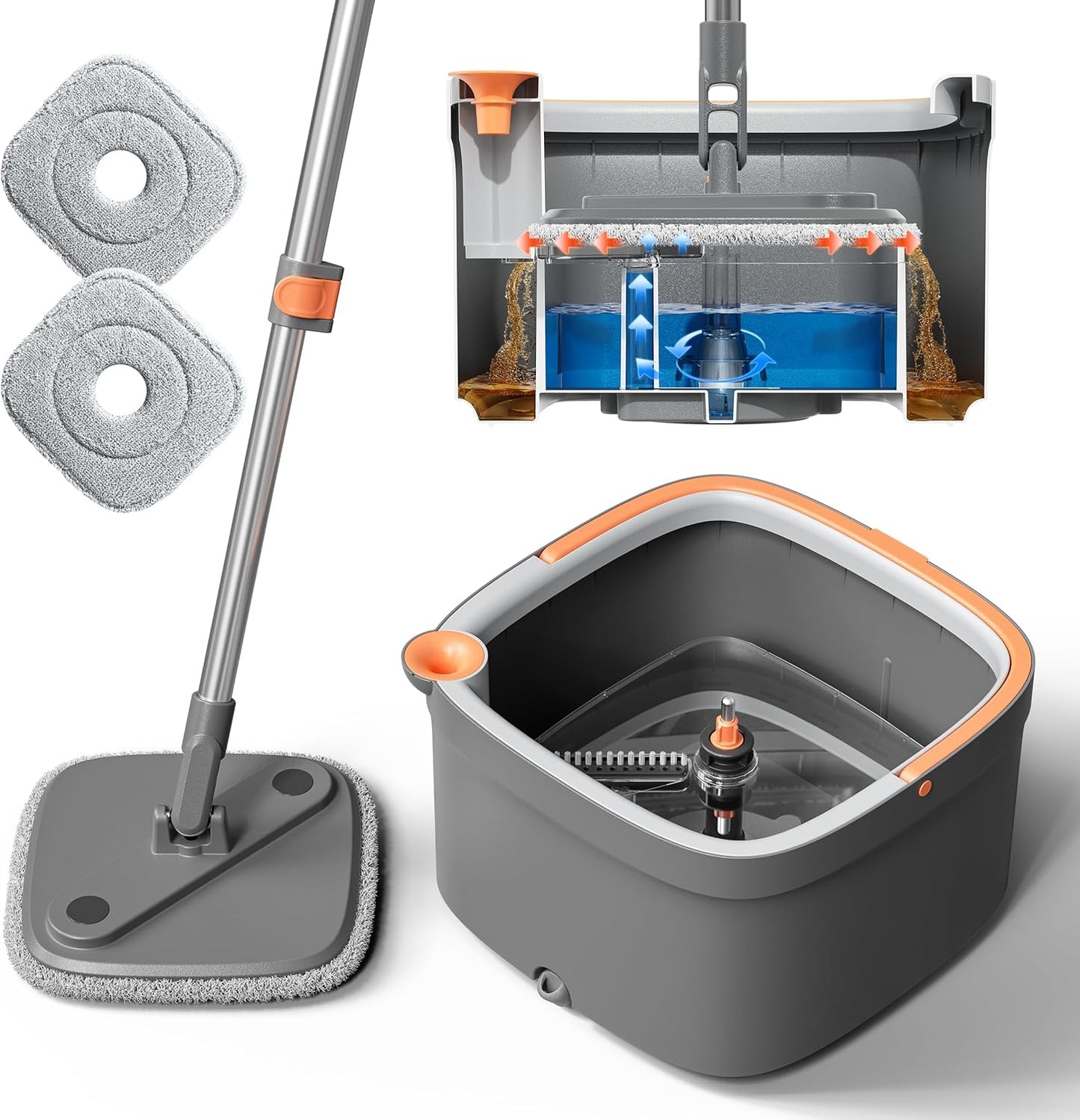 Upgraded Spin Mop and Bucket System Set, Self Separate Clean and Dirty Water, Foldable Square Standing Mop Head with Microfiber Mop Pads, Detachable Bucket (White+Blue, Mop Set with 6PC Pads)