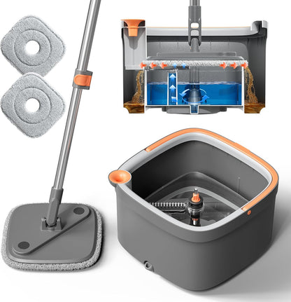 Upgraded Spin Mop and Bucket System Set, Self Separate Clean and Dirty Water, Foldable Square Standing Mop Head with Microfiber Mop Pads, Detachable Bucket (White+Blue, Mop Set with 6PC Pads)