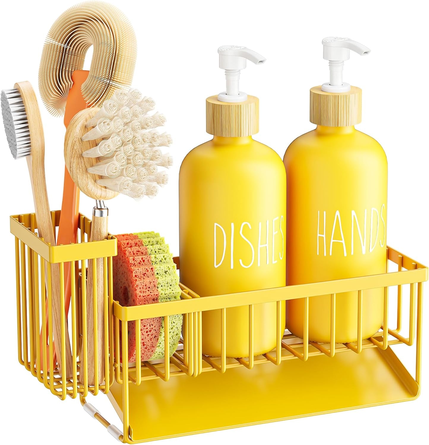Cisily Kitchen Dish Soap Dispenser Set with 2 Pack 16.9oz Black Glass Bottle and Sponge Holder, Dish Soap Dispensers with Adjustable Sponge Holder, Vintage Hand and Dish Soap Dispensers Set