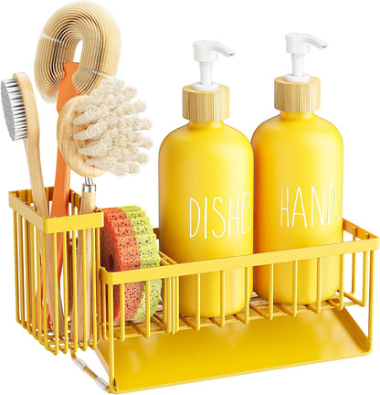 Cisily Kitchen Dish Soap Dispenser Set with 2 Pack 16.9oz Black Glass Bottle and Sponge Holder, Dish Soap Dispensers with Adjustable Sponge Holder, Vintage Hand and Dish Soap Dispensers Set