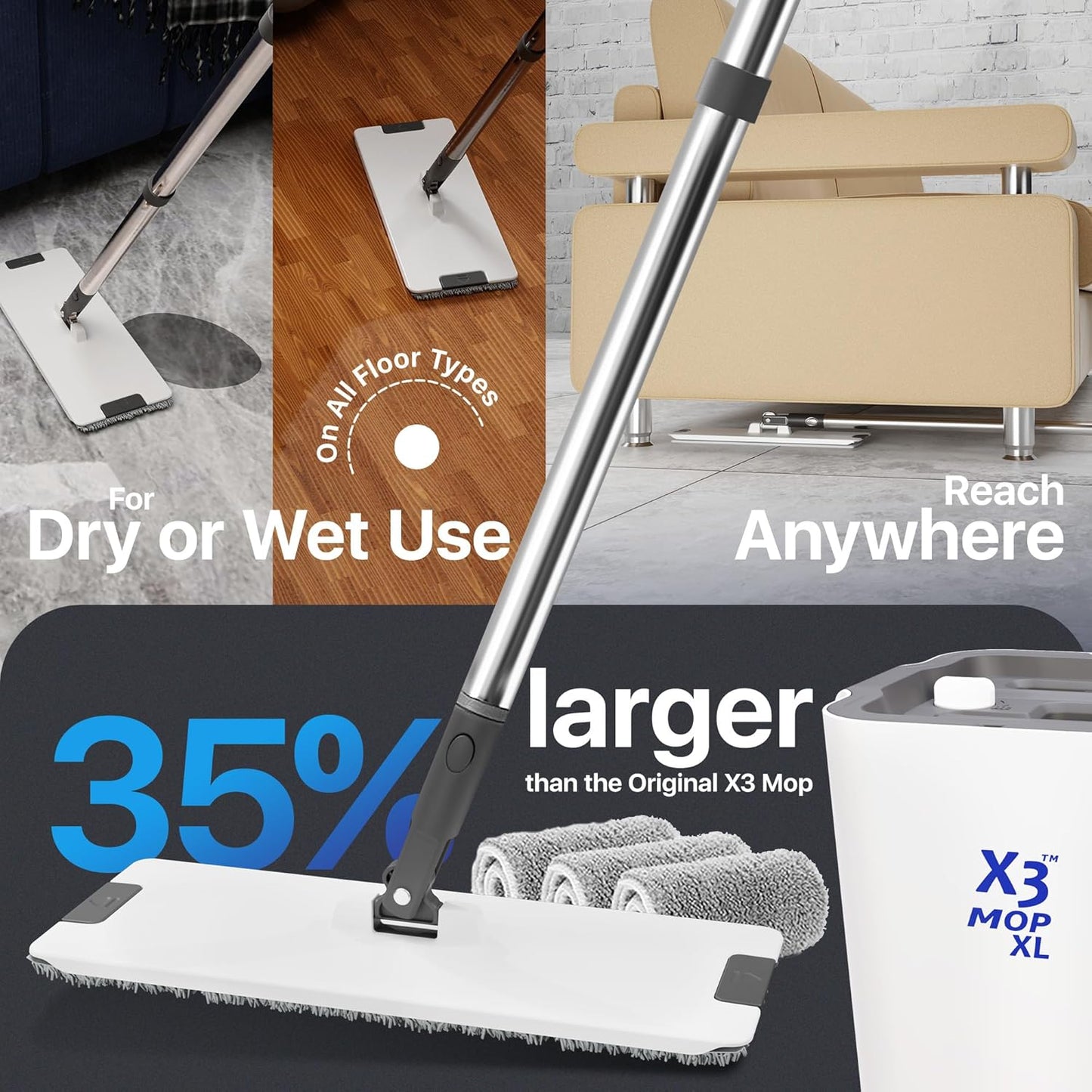 X3 Mop, Separates Dirty and Clean Water, 3-Chamber Design, Flat Mop and Bucket Set, Hands Free Home Floor Cleaning, 3 Reusable Microfiber Mop Pads Included (Original X3 Mop)