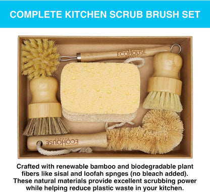 ECOHOUSE SUPPLY™ Bamboo Dish Brush Set – 6-Piece Natural Fiber Kitchen Brush Set with Loofah Sponges (No Bleach), Sisal & Palm Scrubbers – Non-Toxic, Eco-Friendly, Plastic-Free Dish Cleaning Brushes.