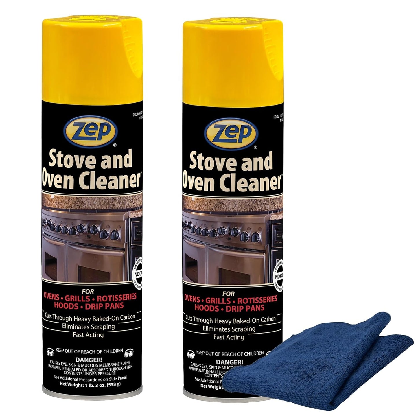 Zep Stove & Oven Cleaner 19 oz (2 Units) & a Blue Microfiber Rag ECBD030-2-Pack Heavy-Duty Baked-On Grease Remover for Oven Interiors, Stovetops, and Burners with a Reusable Rag