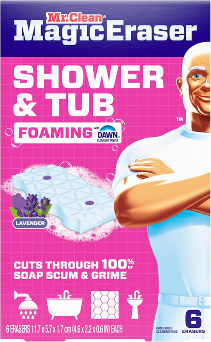 Mr. Clean Magic Eraser Sponge, Bathroom Cleaner, Shower Cleaner, Tub Cleaner, Soap Scum Remover, Bathroom Cleaning Supplies, Dawn Cleaning Power with Febreze Lavender Scent, 5ct