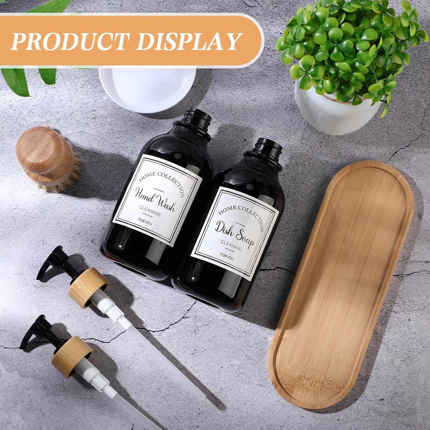 Zopeal 4 Pcs 16 oz Kitchen Soap Dispenser Set with Bamboo Tray and Dish Brush Plastic Soap Dispenser Set with Waterproof Labels for Hand Dish Lotion(Frosted Black)