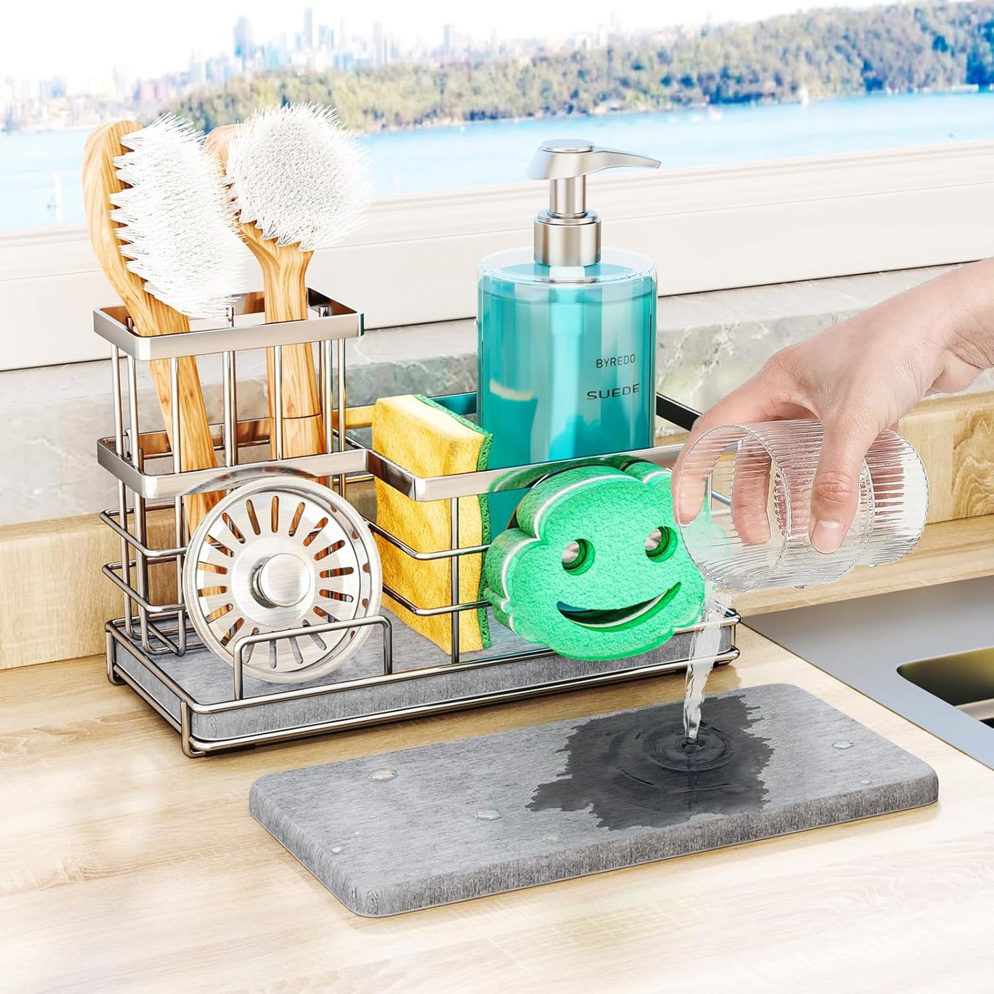 SWTYMIKI Sponge Holder for Kitchen Sink - 2 Tier Rustproof Sink Caddy with Instant Drying Stone, Removable Dish Brush Holder, Stainless Steel Kitchen Caddy for Coutertop Storage Accessories