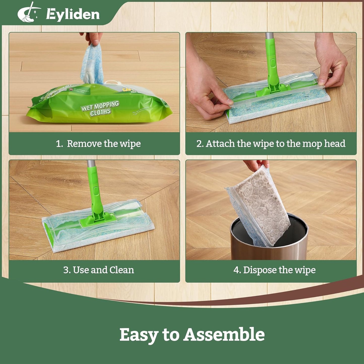 Eyliden 24 Count Wet Mop Pads Refills, Pre-Moistened Floor Cleaning Disposable Pads with Cleaner for 10 inch Sweeper Mops, Safe for Hardwood Laminate Tile Vinyl and Linoleum Floors