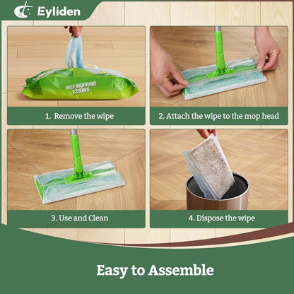 Eyliden 24 Count Wet Mop Pads Refills, Pre-Moistened Floor Cleaning Disposable Pads with Cleaner for 10 inch Sweeper Mops, Safe for Hardwood Laminate Tile Vinyl and Linoleum Floors