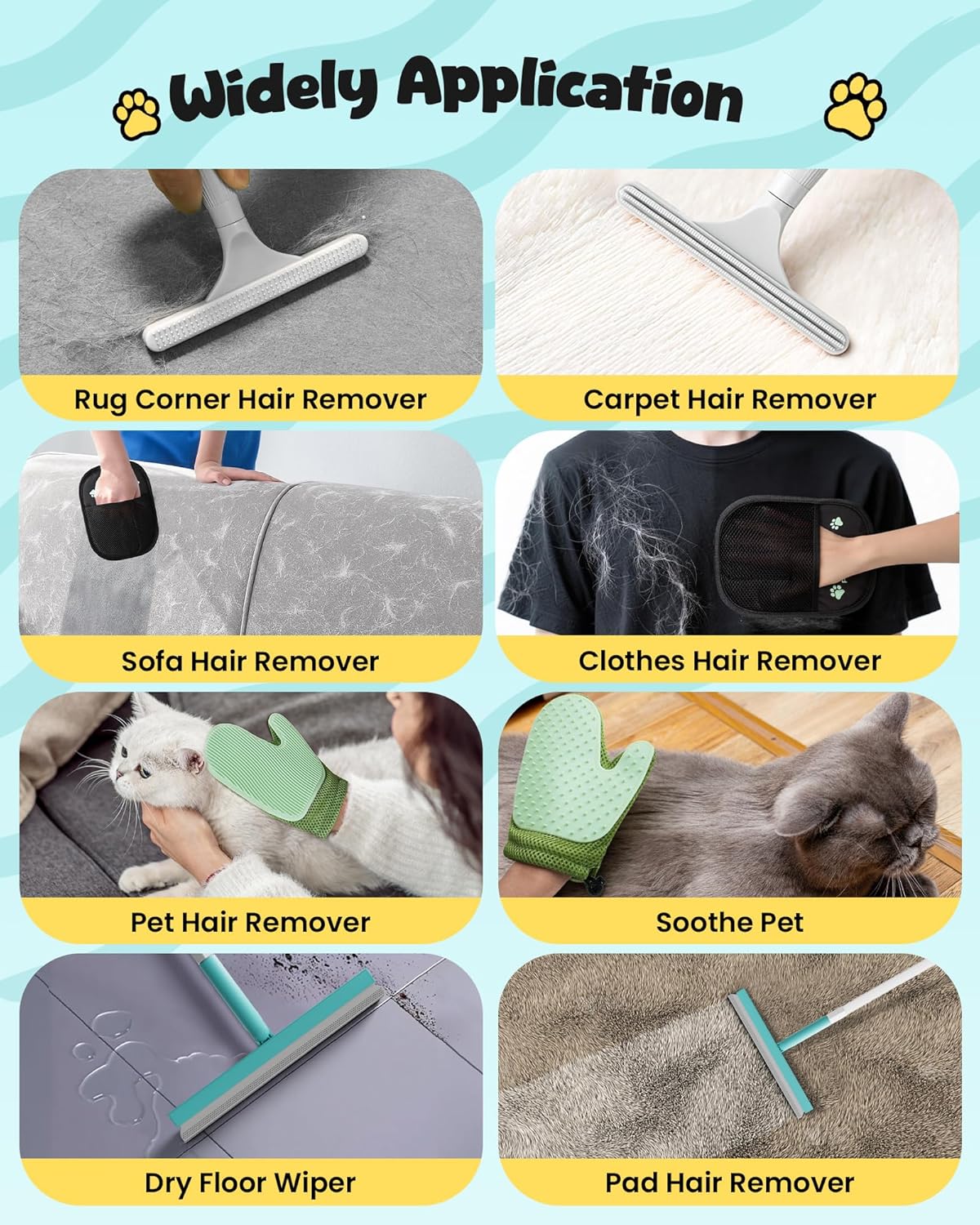 Carpet Rake for Pet Hair Removal Tool - 4 in 1 Pet Hair Remover Kit for Dog Cat Fur Remover, Contain 60" Adjustable Rubber Broom, Glove, Magic Brush and Scraper for Furniture,Short Pile Carpets, Mats