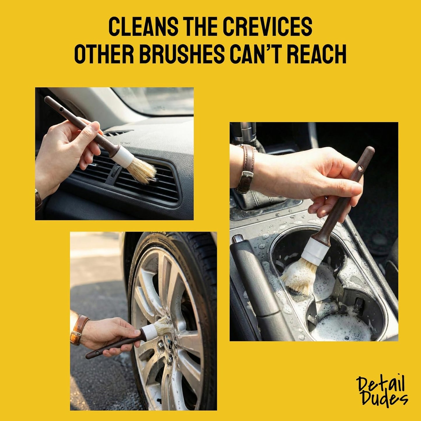 Detail Dudes Car Detailing Brush Set 3-pc - Scratch-Free Boars Hair for Interior and Exterior Work - Pro Quality Car Cleaning Brush Kit for Leather Seats, Dashboards, Wheels, Grills and Paint