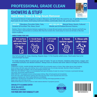 Don Aslett Showers and Stuff (32 Oz Spray Bottle, Pack of 2) Hard Water Stains and Soap Scum Remover | Cleans Bathroom Rust, Grout Tile Lines, Fiberglass Tub, Glass Shower Door Surfaces