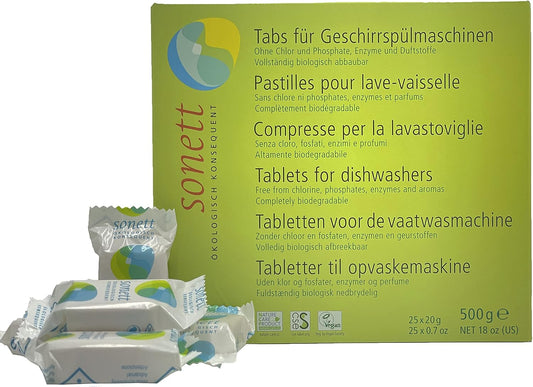 Sonett Organic Dishwasher Tablets 25 Count Deep Clean Dish Tab Fresh Scent 25 tablets x 0.67oz,18 fl.oz/ 500gr (1 Count)