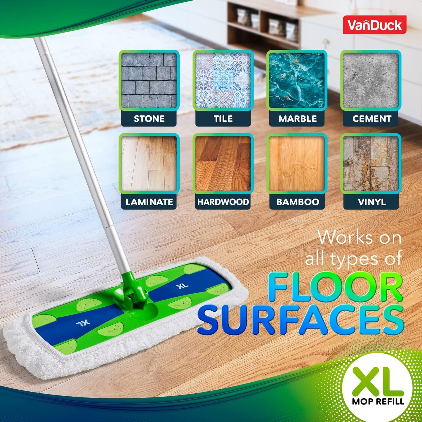VanDuck XL Cotton Mop Pads Compatible with Swiffer XL (2 Pack) - Extra Large Wet and Dry Pads Refills - Cotton Covers Reusable Mop Heads (Handle is Not Included)