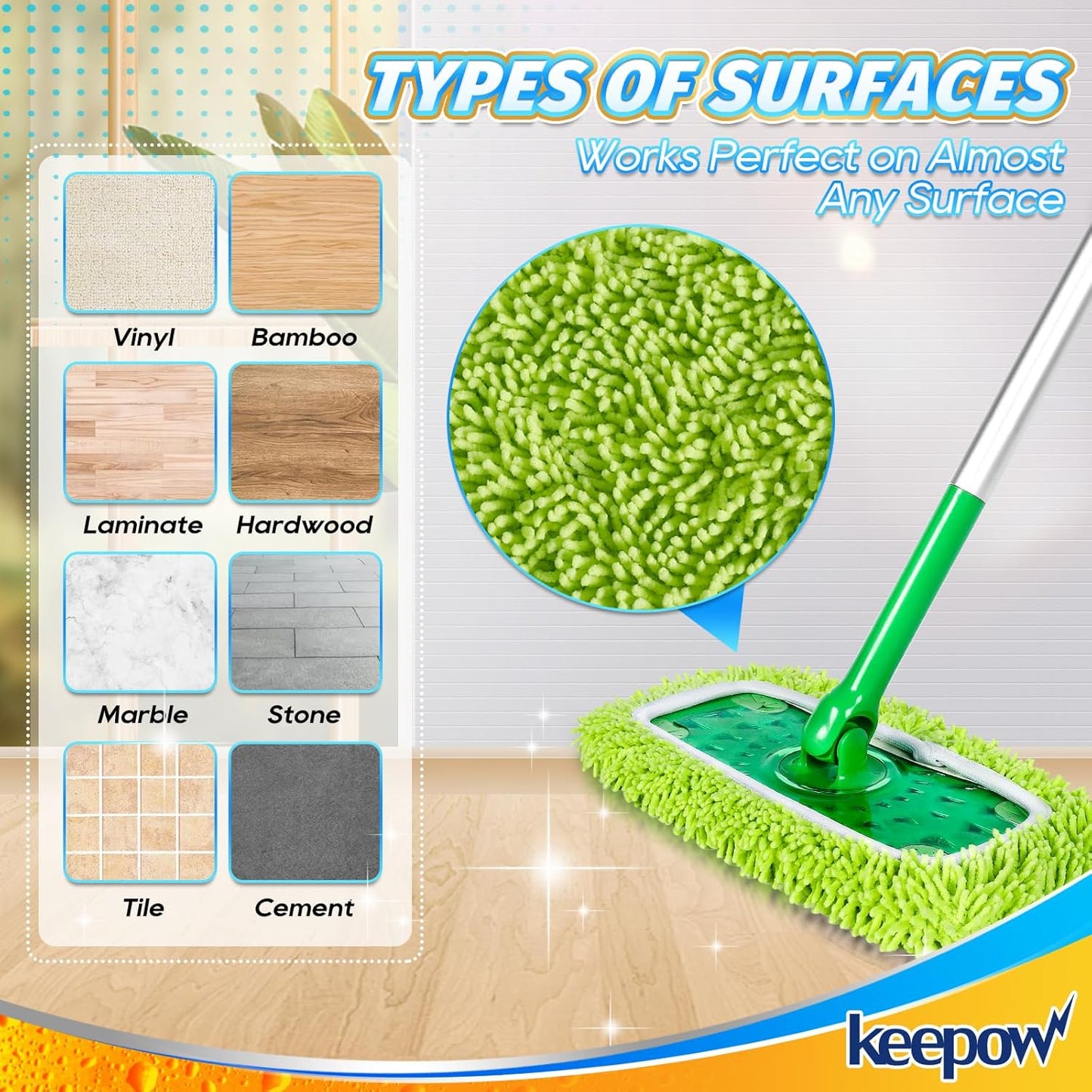 KEEPOW Reusable Microfiber Mop Pads Compatible with Swiffer Sweeper, Dry Sweeping Cloths, Washable Wet Mopping Cloth Refills for Hardwood Floor Cleaning, 6 Pack