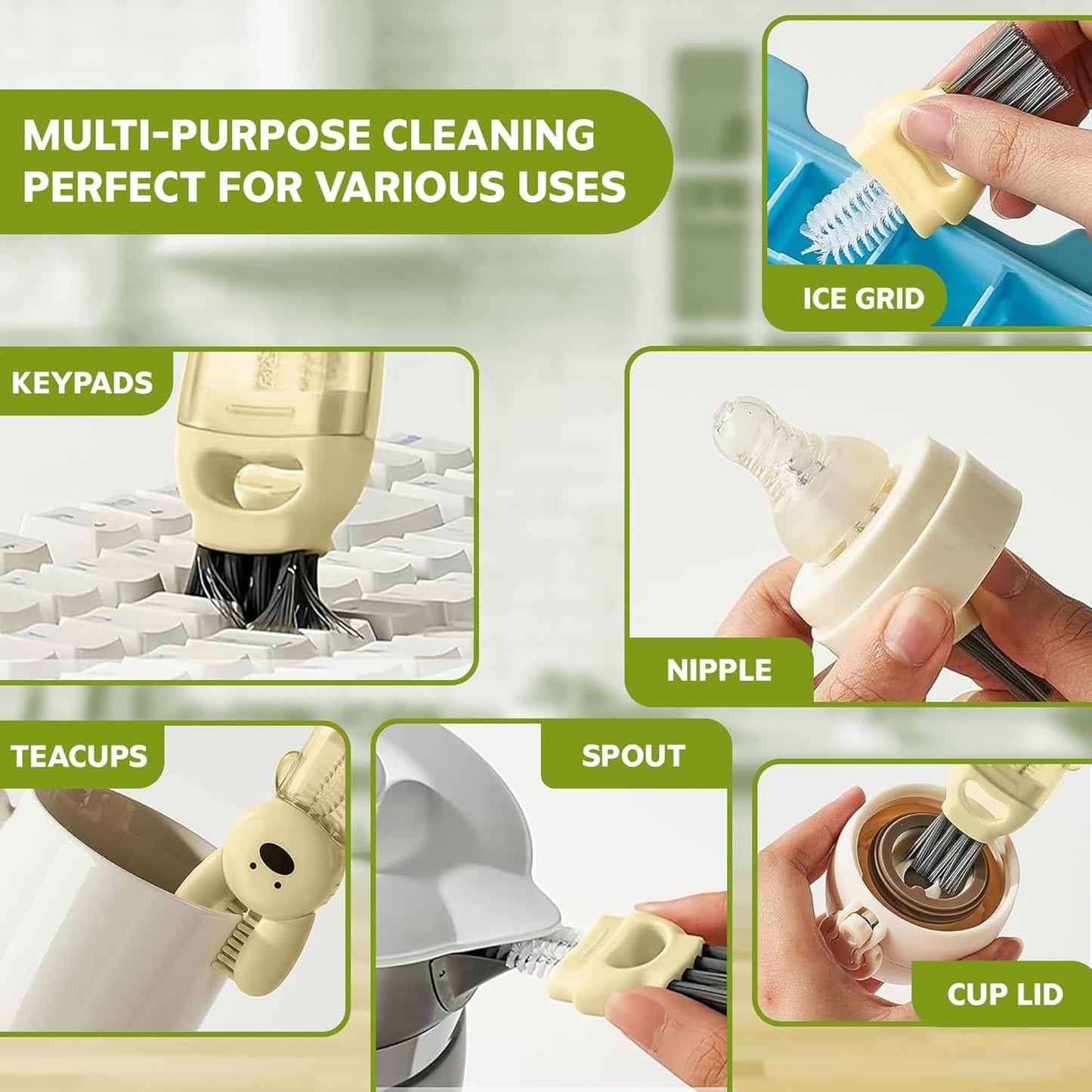 Cup Lid Cleaning Brush, 3 in 1 Lid Cleaner for Tumblers and Water Bottles, Gap Cleaning Brush with Straw Hole Detail Tool, Multifunctional Brush for Daily Use (Blue Green)