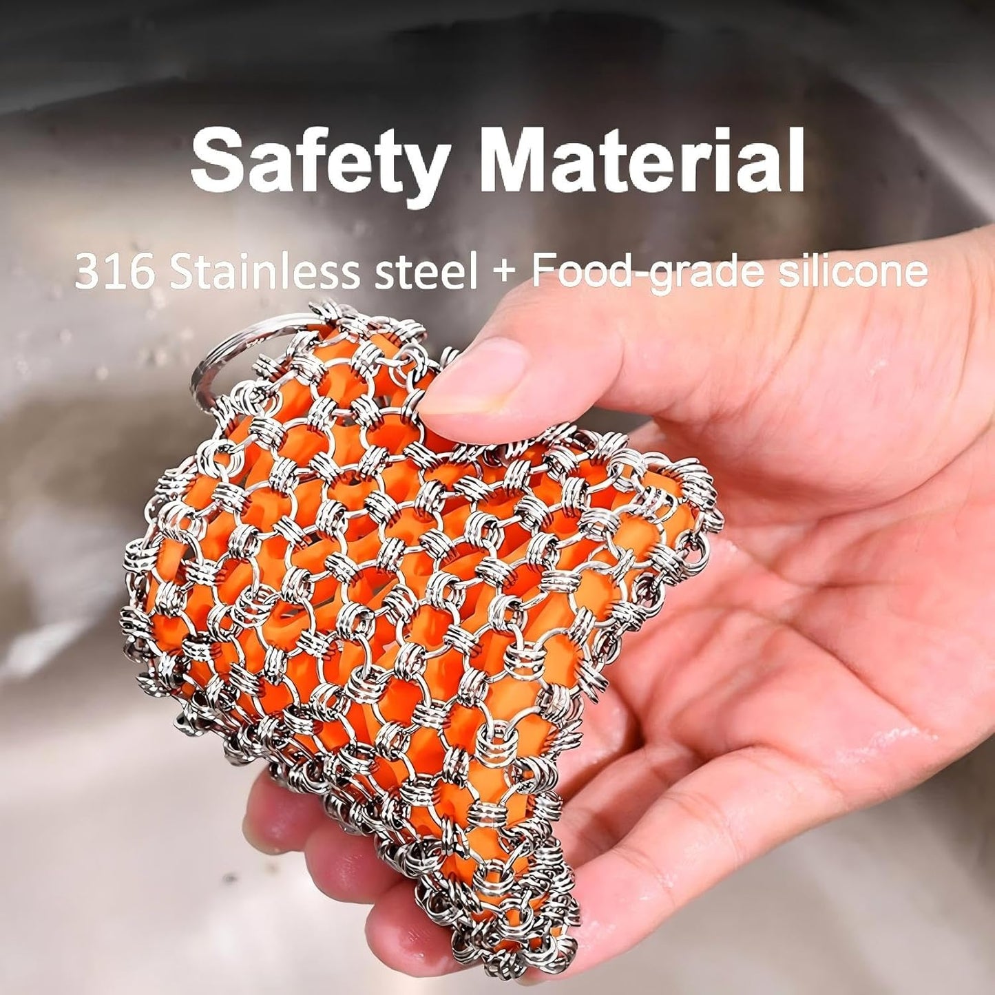 NTMY 316 Stainless Steel Pan Cleaner with Silicone Core – 4.5 Inch Dish Pot Brush,Cast Iron Scrubber, Metal Dish Scrubber,Dish Pot Brush,Chain Mail Scrubber for Oven&Grill Kitchen Cleaning Black