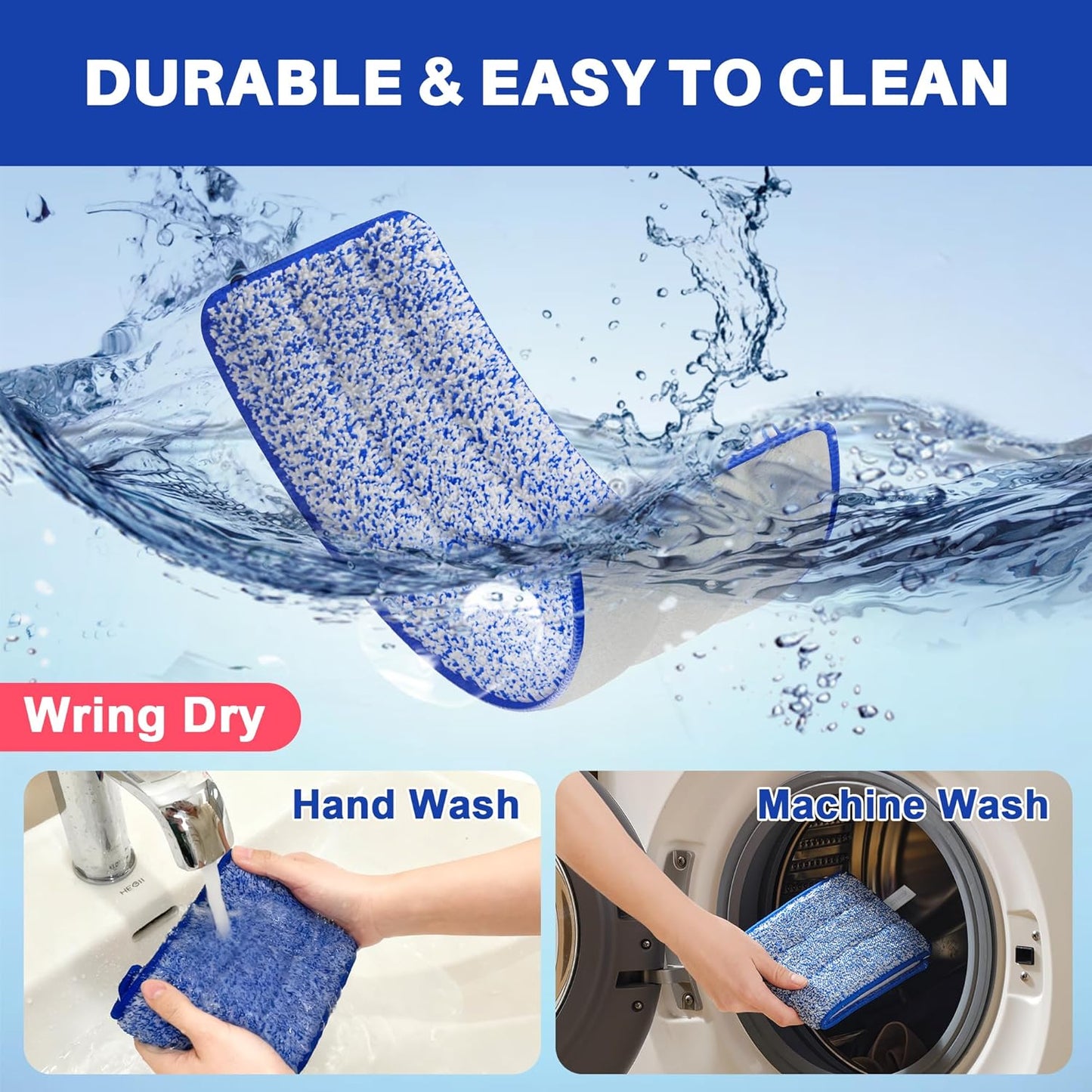 JOYMOOP 17.7-Inch Microfiber Flat Mop Replacement Pads – Washable Reusable Grey & Stripe, Pack of 4 Heavy-Duty Wet & Dry Refill for JOYMOOP Flat Mop & Bucket System