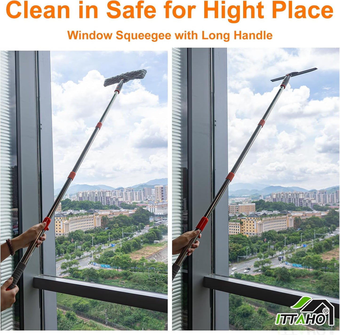 Window Washing Kit with Extension Pole, 10" Squeegee & 11" Microfiber Scrubber Combi with Stainless Steel Pole, Window Cleaner for Car, Sliding Door,Shower Glass Door-Swivel Style-2 Pads