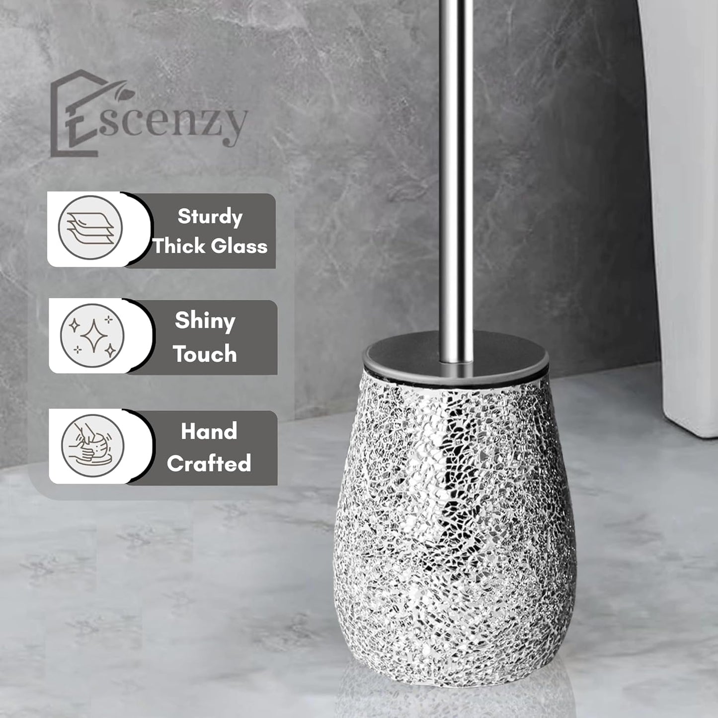 Escenzy Turquoise Green Toilet Brush and Holder Set Mosaic Glass | Non-Rustic Stainless Steel | Practical & Decorative Toilet Bowl Brush and Holder | Luxury Green Bathroom Accessories