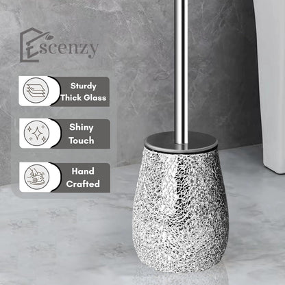 Escenzy Turquoise Green Toilet Brush and Holder Set Mosaic Glass | Non-Rustic Stainless Steel | Practical & Decorative Toilet Bowl Brush and Holder | Luxury Green Bathroom Accessories