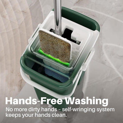JOYMOOP Commercial Mop and Bucket Set, 17.7-inch Dust Mops for Floor Cleaning, Flat Mop Bucket with Wringer, Include 5 Reusable Microfiber Mop Pads - Forest Green