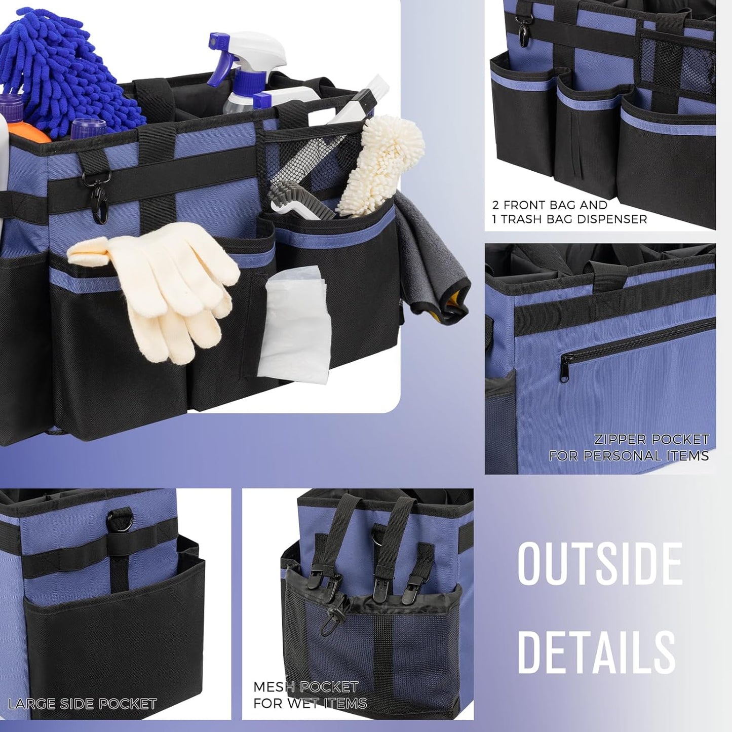 SCAVATA Wearable Cleaning Caddy Organizer with Handle & Shoulder Straps for Housekeepers, Under Sink & Car Cleaning Tool Organizer Bag with 4 Foldable Dividers (Green)