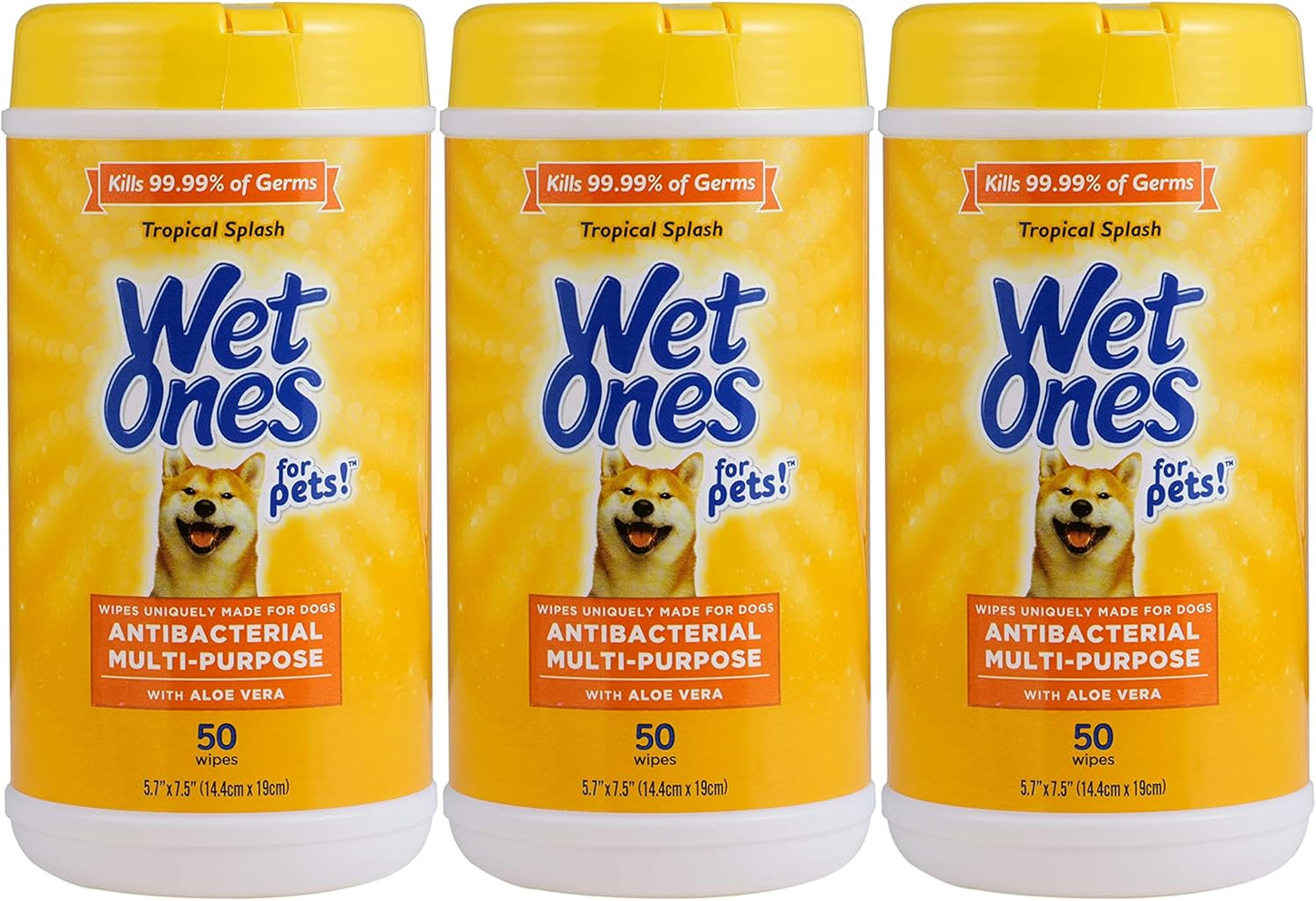 Wet Ones for Pets Antibacterial Dog Wipes, Multi-Purpose Grooming Wipes with Aloe Vera for Paws, Face & Body, Easy Cleanups Between Baths, Tropical Splash Scent, 5.7 in x 7.5 in, 50 Count