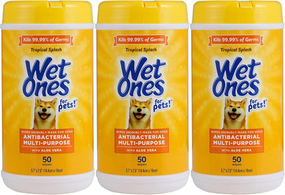 Wet Ones for Pets Antibacterial Dog Wipes, Multi-Purpose Grooming Wipes with Aloe Vera for Paws, Face & Body, Easy Cleanups Between Baths, Tropical Splash Scent, 5.7 in x 7.5 in, 50 Count