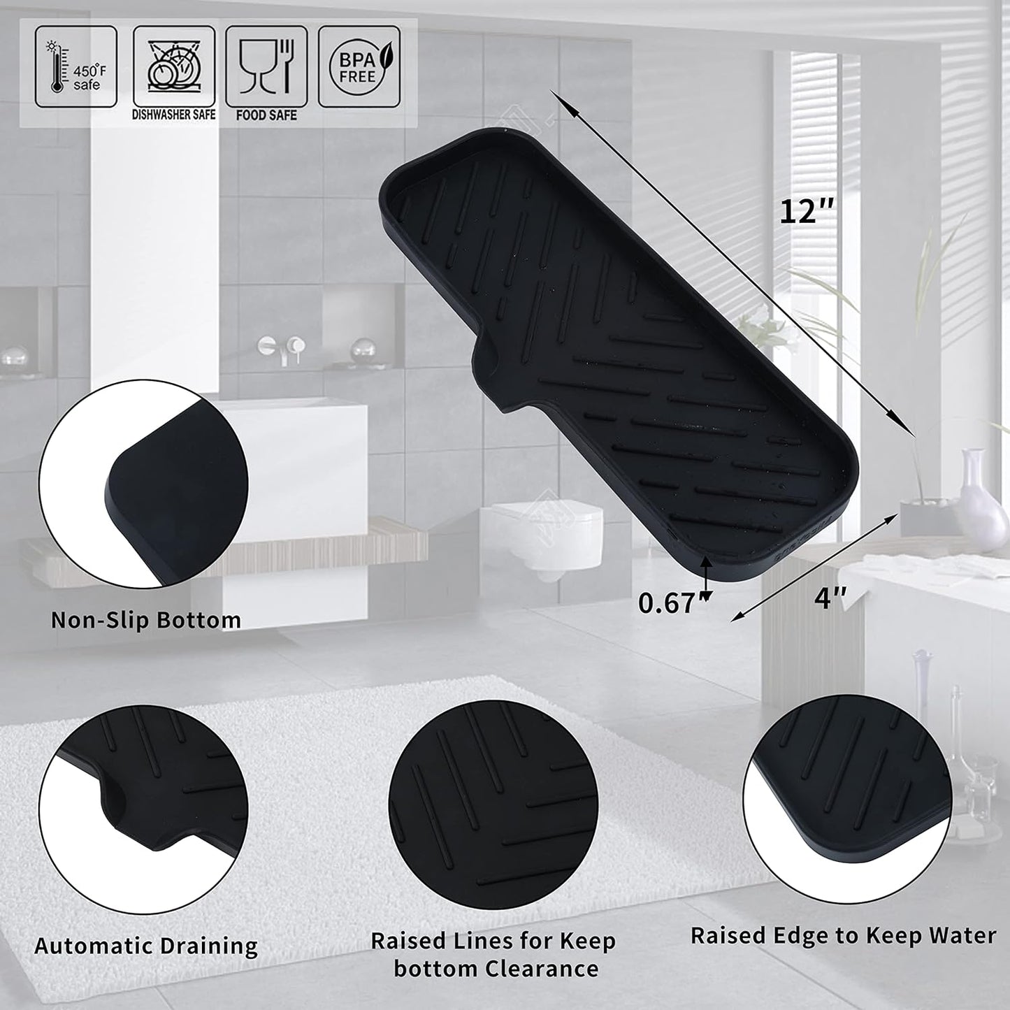 MicoYang Silicone Bathroom Soap Dishes with Drain Spout-Bathroom and Kitchen Sink Organizer,Sponge Holder,Dish Soap Tray,Perfect for Dispenser,Scrubber,Bottle,Cup on Sink or Counter-Black 4.9"×3.2"