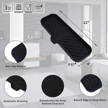 MicoYang Silicone Bathroom Soap Dishes with Drain Spout-Bathroom and Kitchen Sink Organizer,Sponge Holder,Dish Soap Tray,Perfect for Dispenser,Scrubber,Bottle,Cup on Sink or Counter-Black 4.9"×3.2"