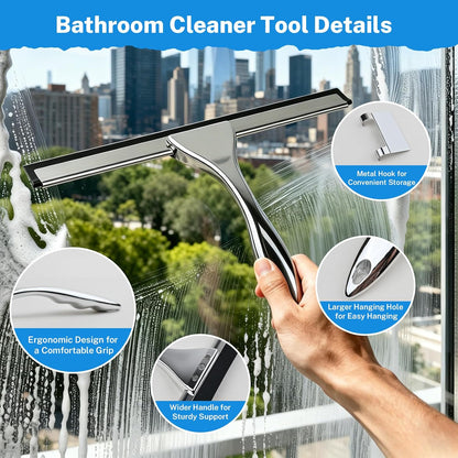 All-Purpose Stainless Steel Squeegee, 10 Inch Silver Shower Squeegee with 1 Adhesive Hooks, Streak-Free Silicone Blade for Shower Door, Window, Car, Tile Wall, Bathroom Household Cleaning Tool