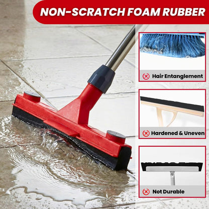 Floor Squeegee with 2 Replaceable Heads – 17'' EVA Foam Blade for Uneven Surfaces, 62'' Long Handle, Built-in Towel Clip, Non-Scratch Heavy Duty Squeegee Broom for Garage, Window, Tile, Patio & Shower