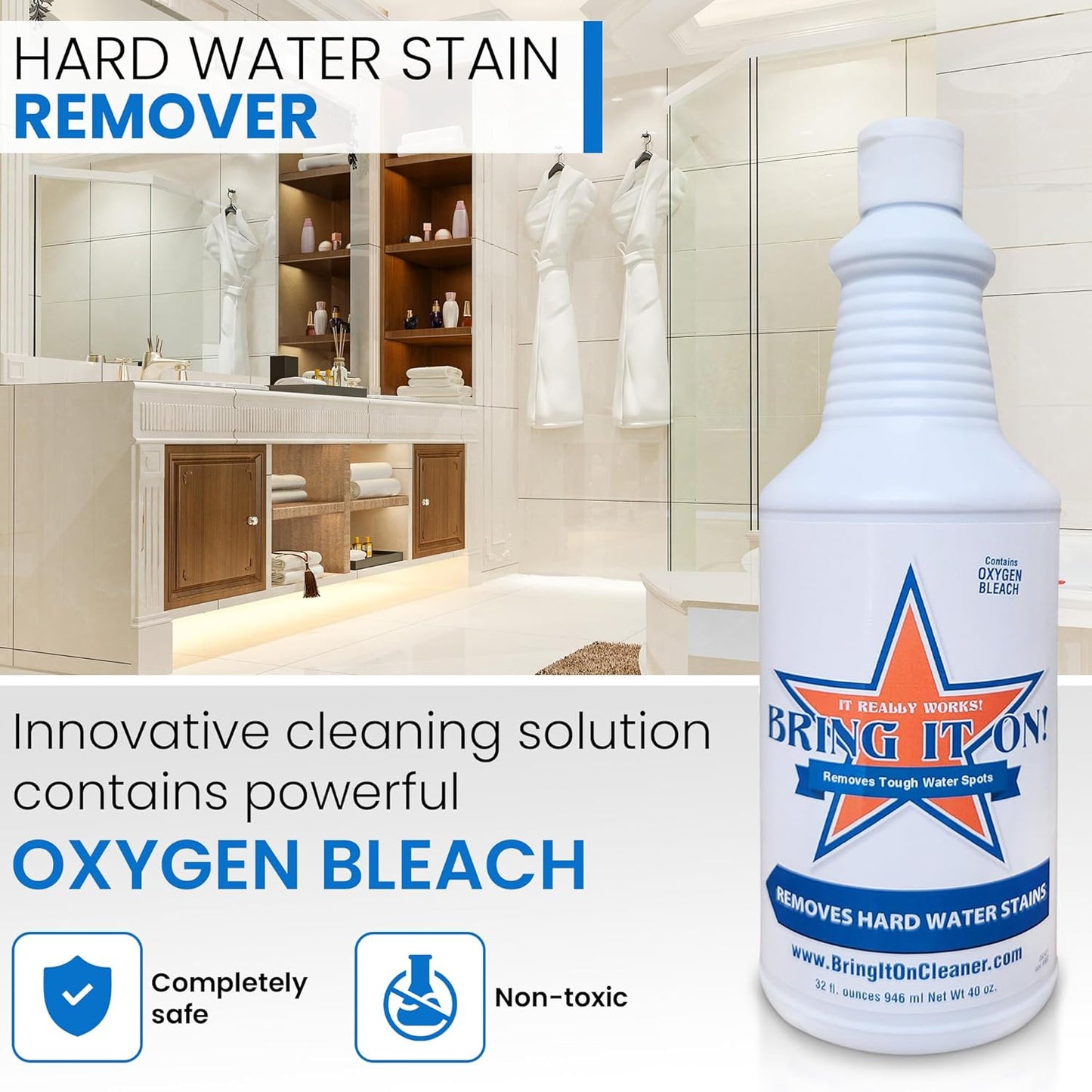 Bring It On Cleaner Hard Water Stain Remover 16 oz | Glass, Soap Scum Remover for Shower Glass, Fiberglass, Windows, Tile and Grout Cleaner, and Includes Scrubbing Drill Pads