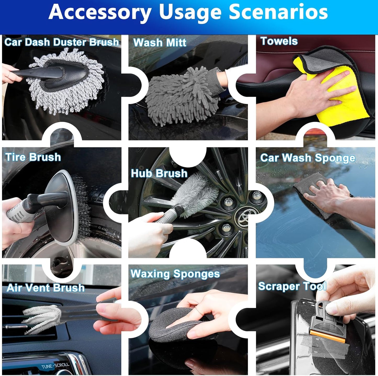 THINKWORK Windshield Cleaner Tool, Car Interior Cleaning Kit, Car Detailing Kit Interior Cleaner with10Pcs Detailing Brush Set, Gray Auto Detailing Supplies & Accessories