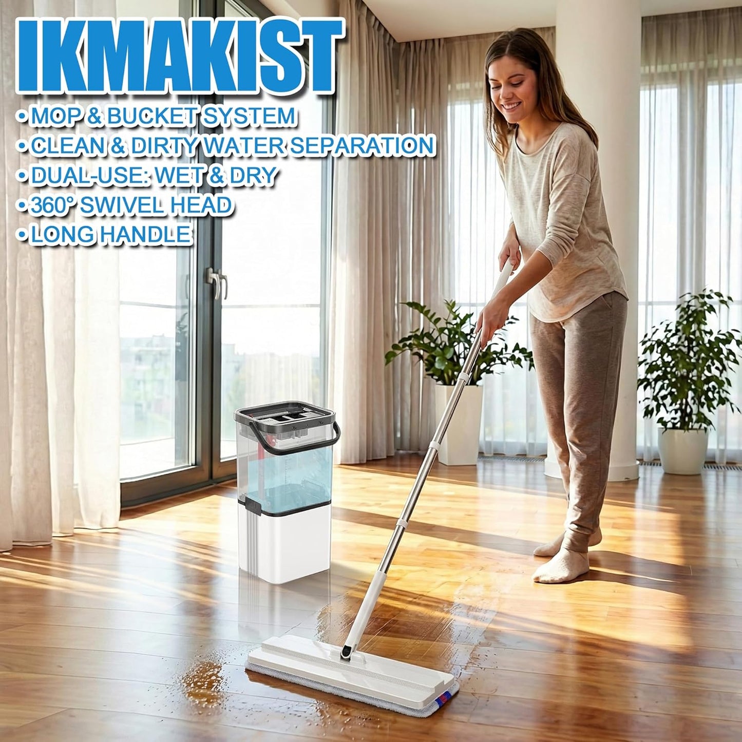 Mop and Bucket Set with Wringer,Separate Clean Dirty Water, Self Wringing Microfiber Dust Flat Mop for Hardwood Floors, Kitchen, Wall Cleaner -with 4 Washable Microfiber Pads
