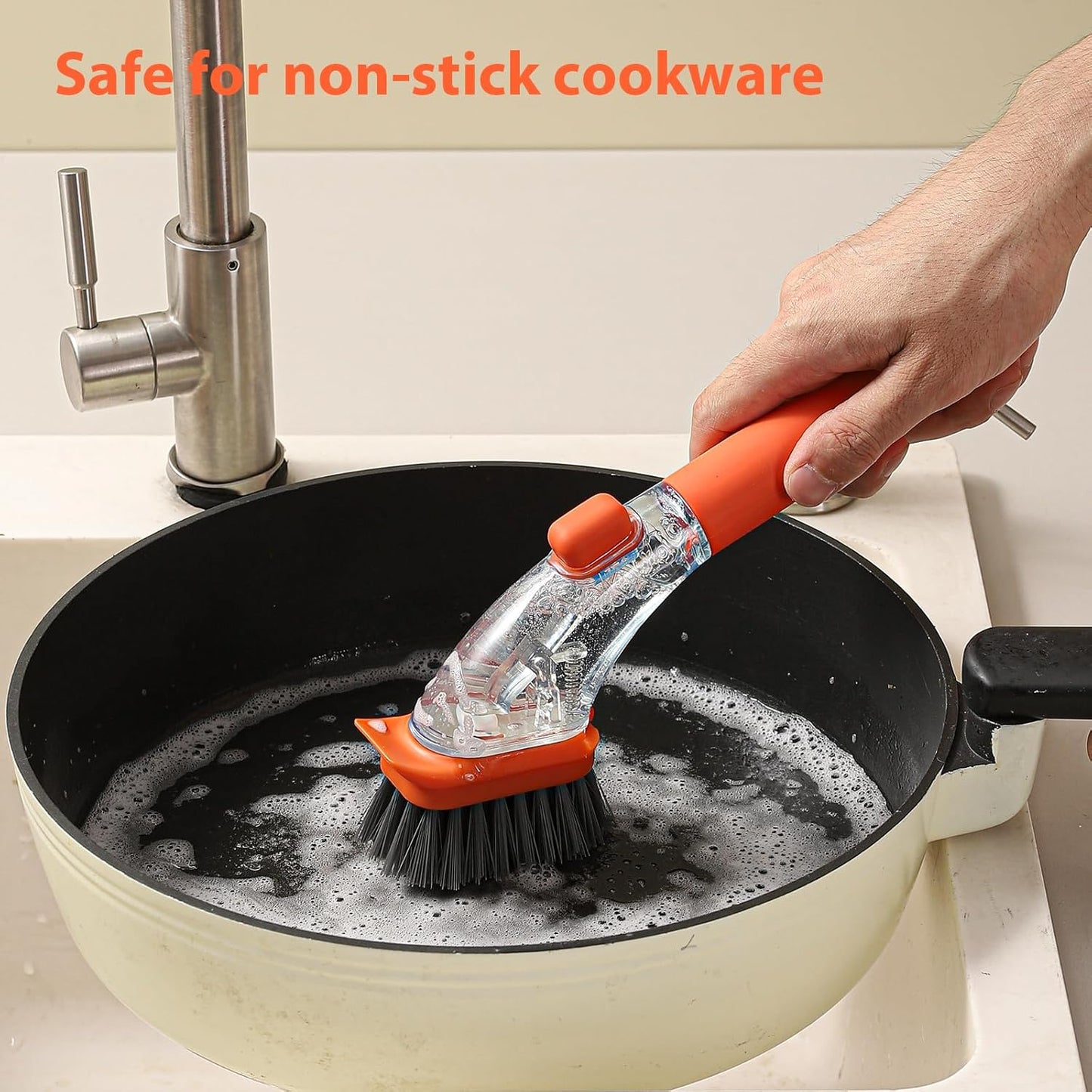 DAPOWER Soap Dispensing Dish Brush with Handle, Kitchen Scrub Brush for Dishes Pots Pans Sink Cleaning (Orange)