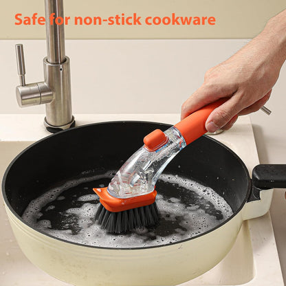 DAPOWER Soap Dispensing Dish Brush with Handle, Kitchen Scrub Brush for Dishes Pots Pans Sink Cleaning (Orange)
