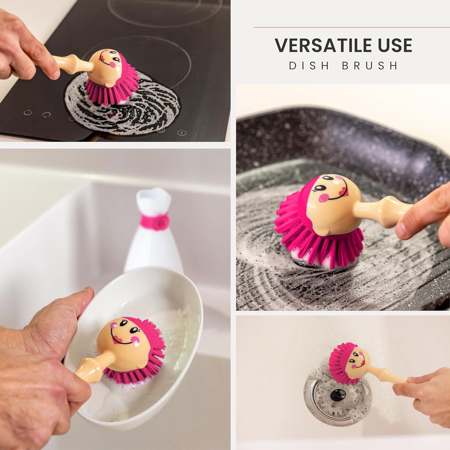 Vigar Dolls Dish Brush with Ergonomic Handle and Dres-shaped Storage Holder - Scrub Brush for Pans, Pots, Kitchen Sink Cleaning, Blue/Pink