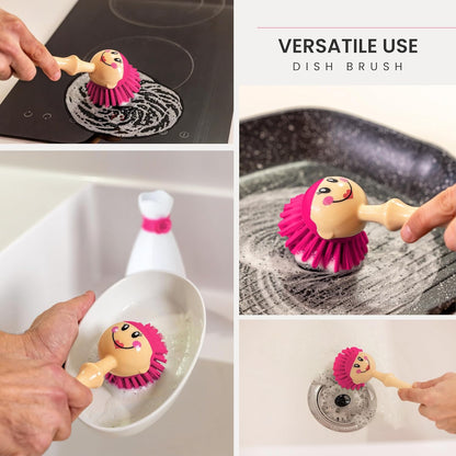 Vigar Dolls Dish Brush with Ergonomic Handle and Dres-shaped Storage Holder - Scrub Brush for Pans, Pots, Kitchen Sink Cleaning, Blue/Pink
