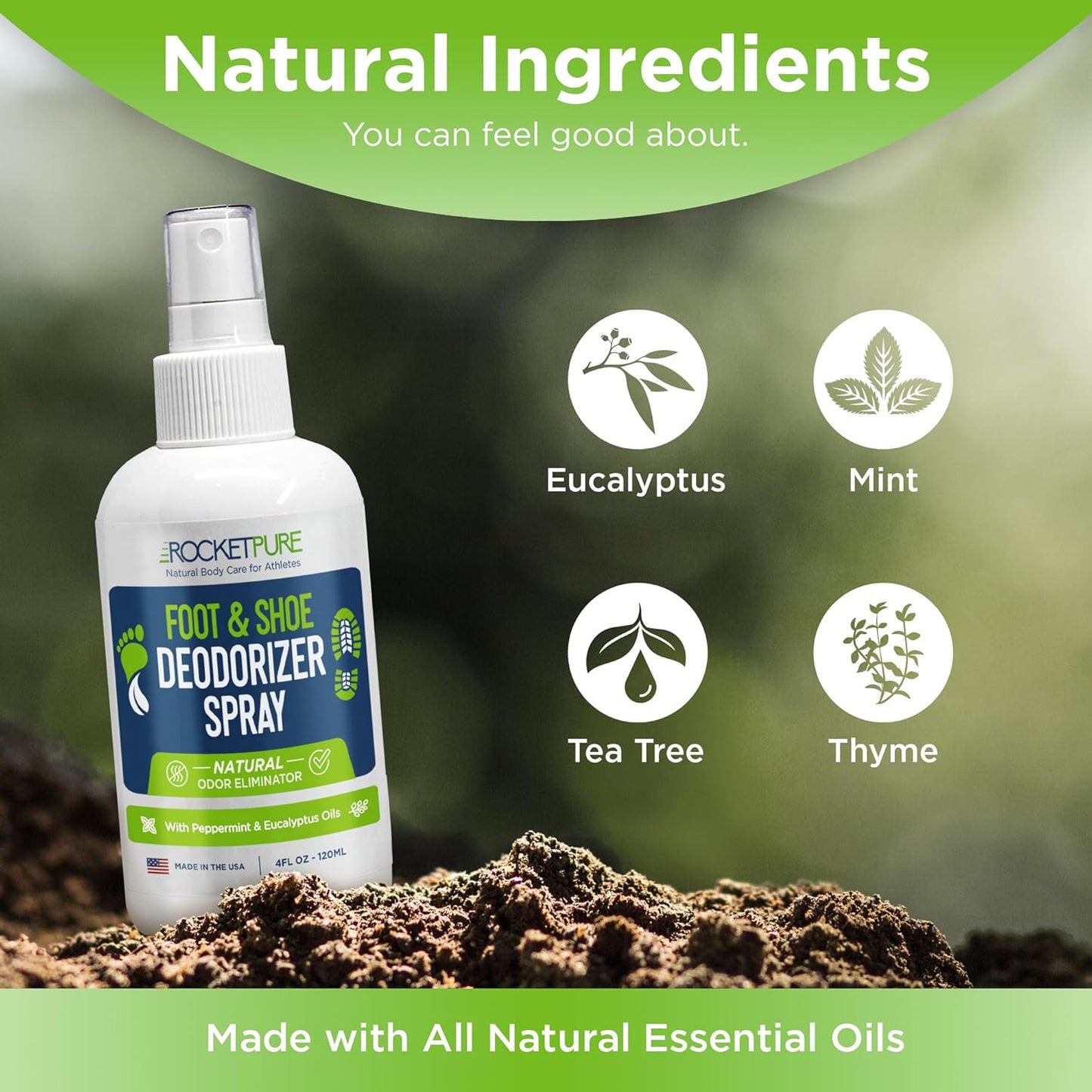 Rocket Pure Natural Foot and Shoe Deodorizer Spray, Deodorant and Odor Eliminator for Smelly Feet, Smell Remover, Formulated with Essential Oils, Made in the USA, Mint, 4 fl oz (Pack of 1)