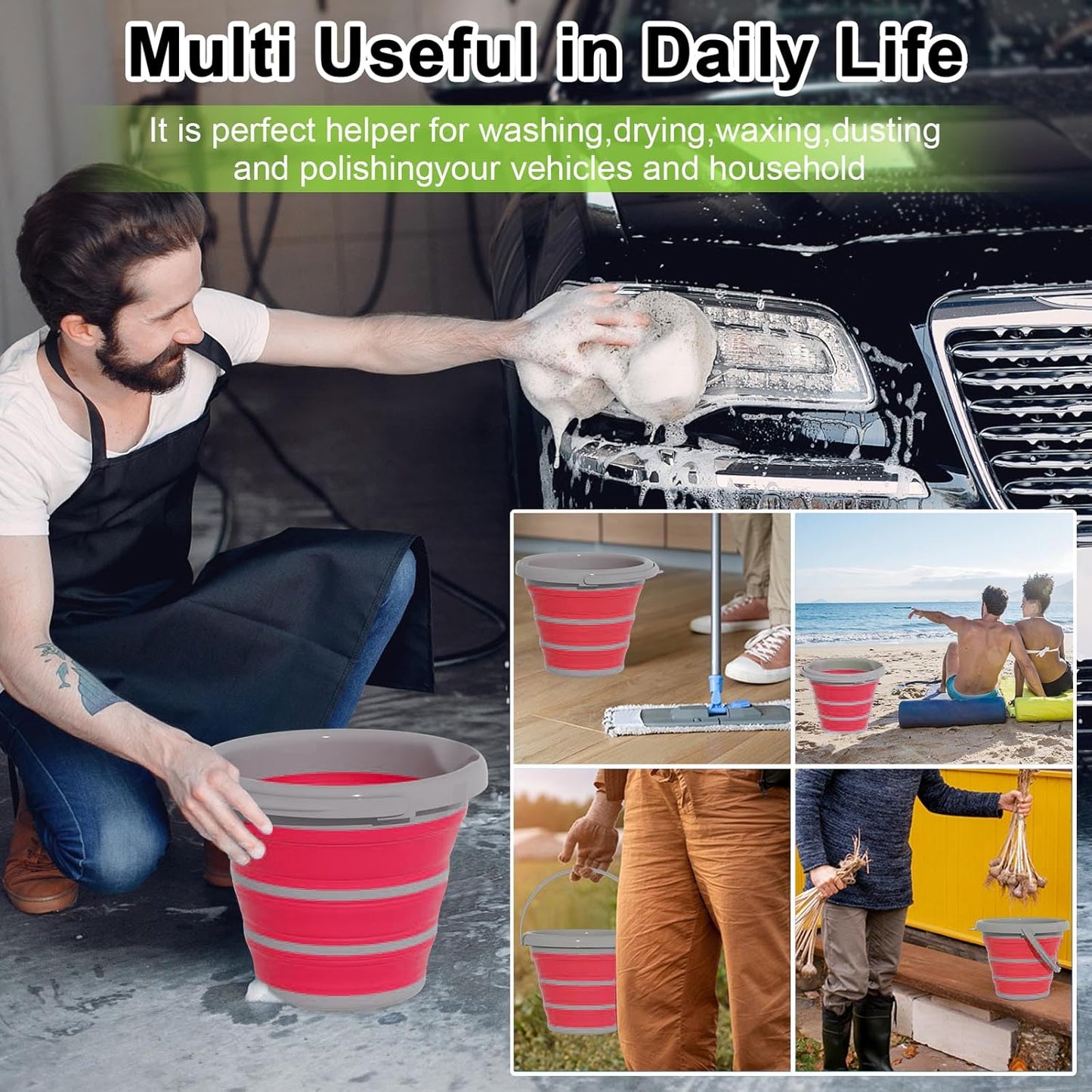 Collapsible Wash Bucket with Microfiber Mitt, 10L (2.6 Gallon) Portable Collapsiblle Buckett with Handle for Car Wash Household Cleaning, Multiuse Collapsibles Water Bucket and Car wash mitt - Grey