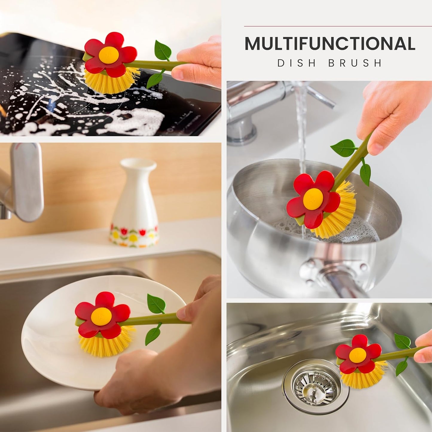 Vigar Flower Power Dish Brush with Vase Brush Holder, Dish Brush with Handle for Pot Scrubber, Dishes, Sink, and Kitchen Essentials, White, Black