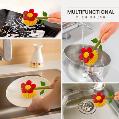 Vigar Flower Power Dish Brush with Vase Brush Holder, Dish Brush with Handle for Pot Scrubber, Dishes, Sink, and Kitchen Essentials, White, Black