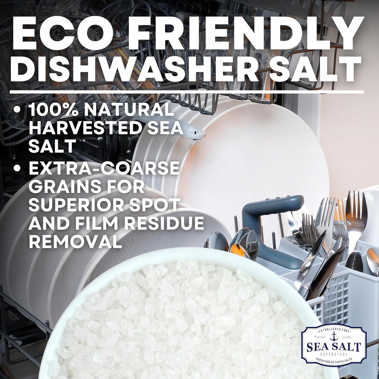 Dishwasher Salt, Natural Water Softener, Food Grade Coarse Sea Salt Compatible with Miele, Thermador, Whirlpool, & Bosch Dishwasher 5 lb Bag
