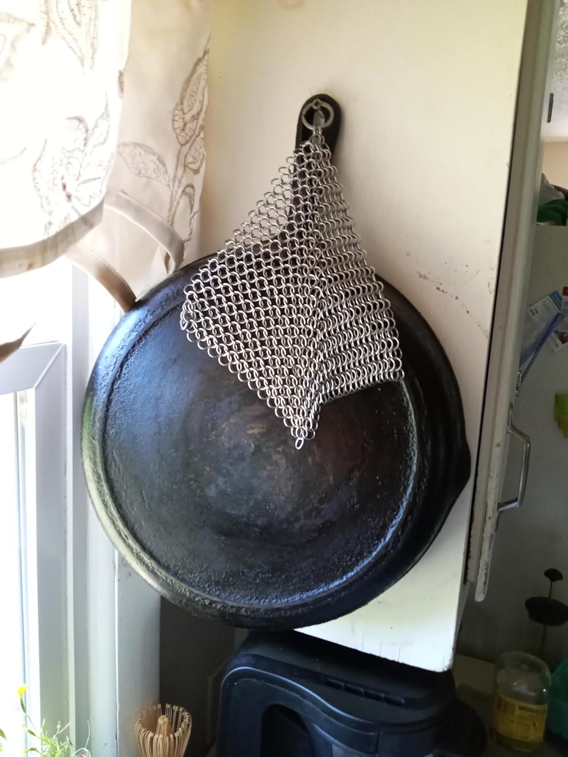Rocky Mountain Goods 8” x 6” Chainmail Scrubber - 316L Stainless Steel Rings Cast Iron Cleaner for Pots, Griddles, Grills, Blackstone - Doesn’t Strip Away Seasoning or Flavor - Hanging Ring