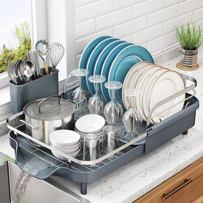 SNTD Dish Drying Rack, Expandable Dish Rack for Kitchen Counter, Stainless Steel Dish Drainer with Drainboard Set and Utensil Holder (Black)