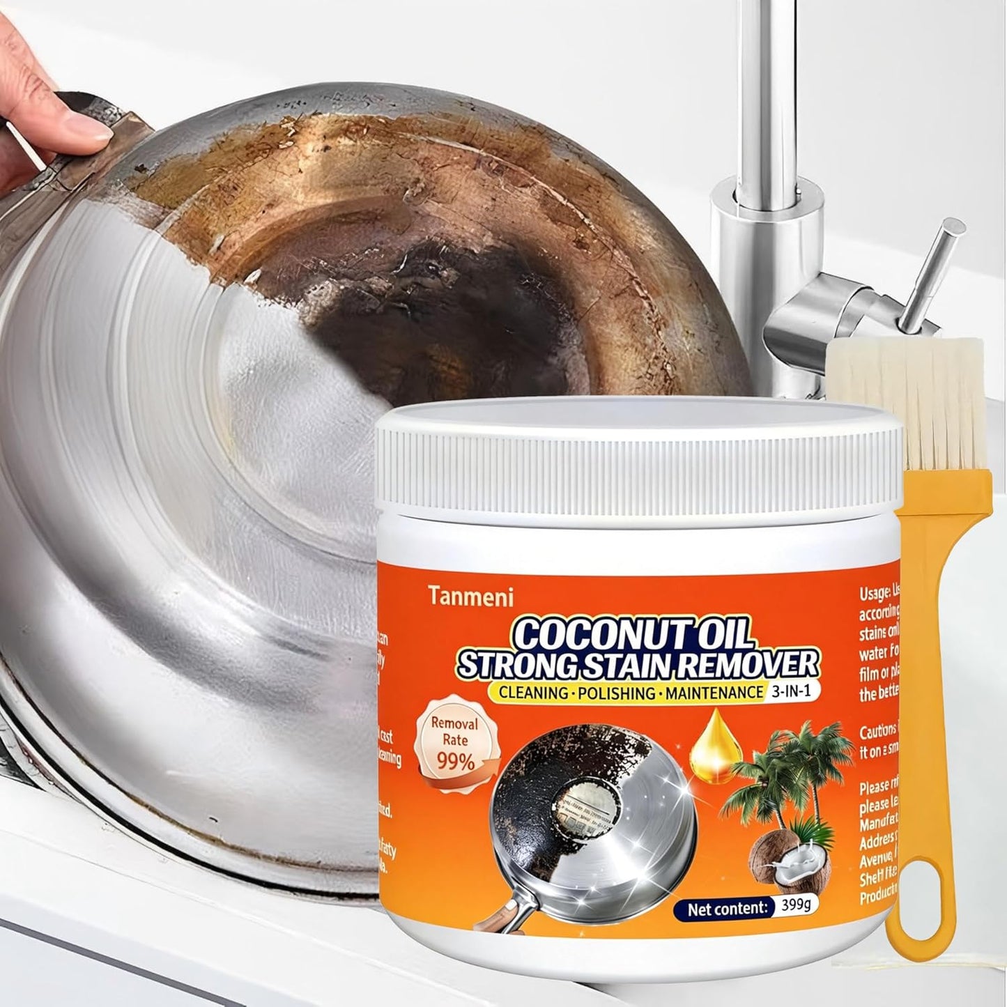 Coconut Oil Strong Stain Remover, Multi-purpose Kitchen Cleaner, Pot Bottom Black Stain Cleaner, Pan Bottom Cleaning Paste,Powerful Kitchenware Cleaner, Oil Stain Remover (399, Grams)