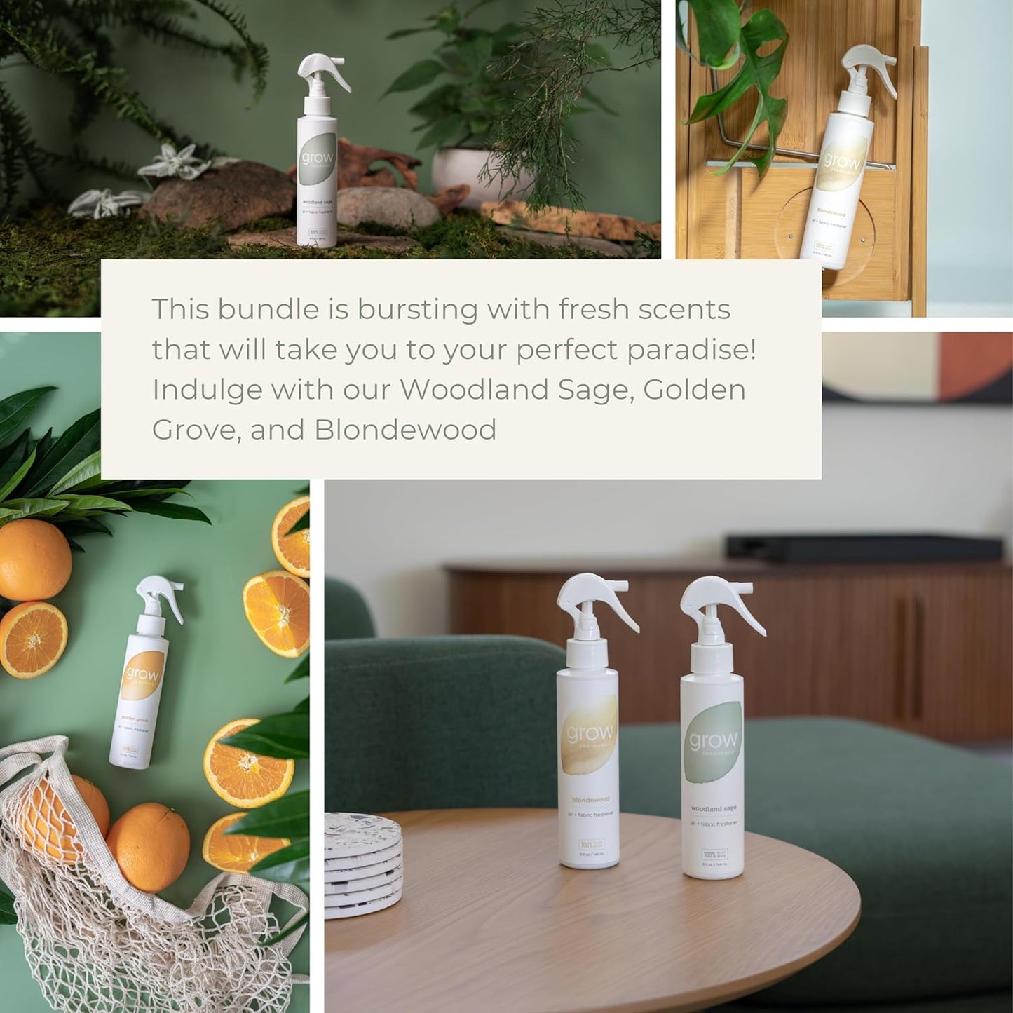Grow Fragrance Scented Fabric and Room Air Freshener Spray - Certified Non-Toxic, 100% Plant-Based Essential Oils - 5 oz (Blondewood + Woodland Sage 2-Count)