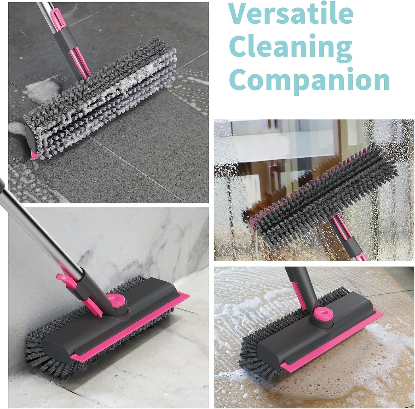 Floor Scrub Brush with Long Handle, 3 in 1 Scrape and Heavy-Duty Stiff Bristle Scrubber Brush for Cleaning Shower Bathroom, Patio, Pool, Garage, Kitchen, Wall and Deck (White, 1 Pack)
